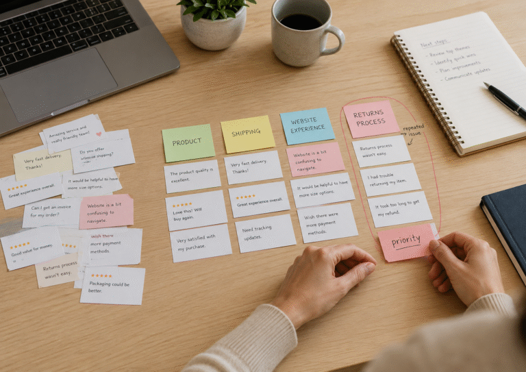 Small business owner sorting customer feedback notes into themes and identifying a repeated returns issue as the top priority.