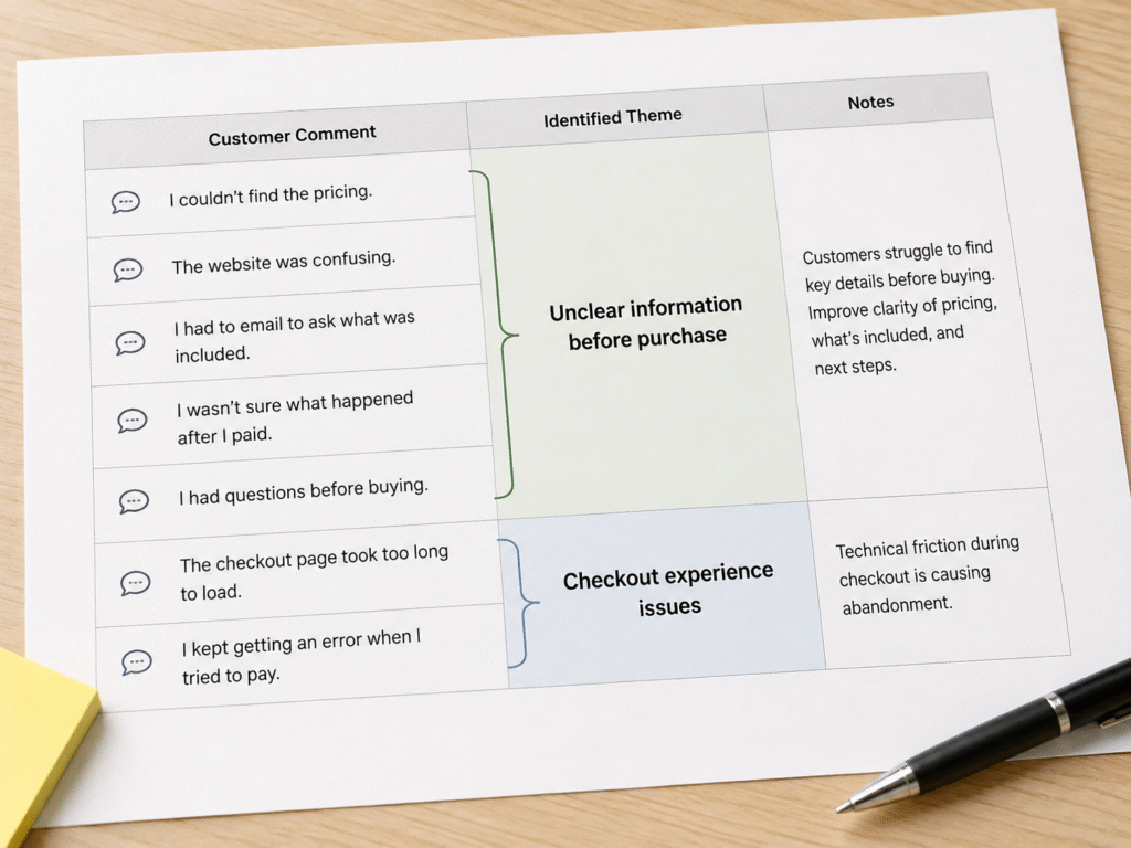 Worksheet showing customer comments grouped into themes, with several different complaints categorized under “Unclear information before purchase” and a smaller group under “Checkout experience issues.”