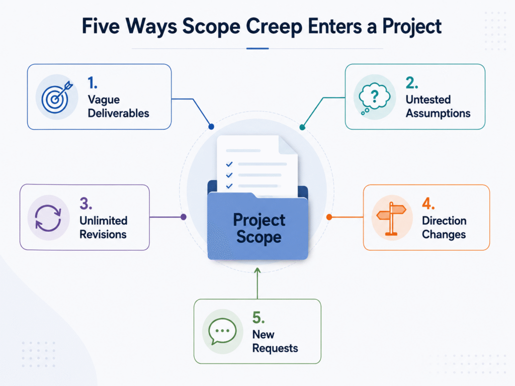 Five common ways scope creep enters a project: vague deliverables, untested assumptions, unlimited revisions, direction changes, and new client requests.