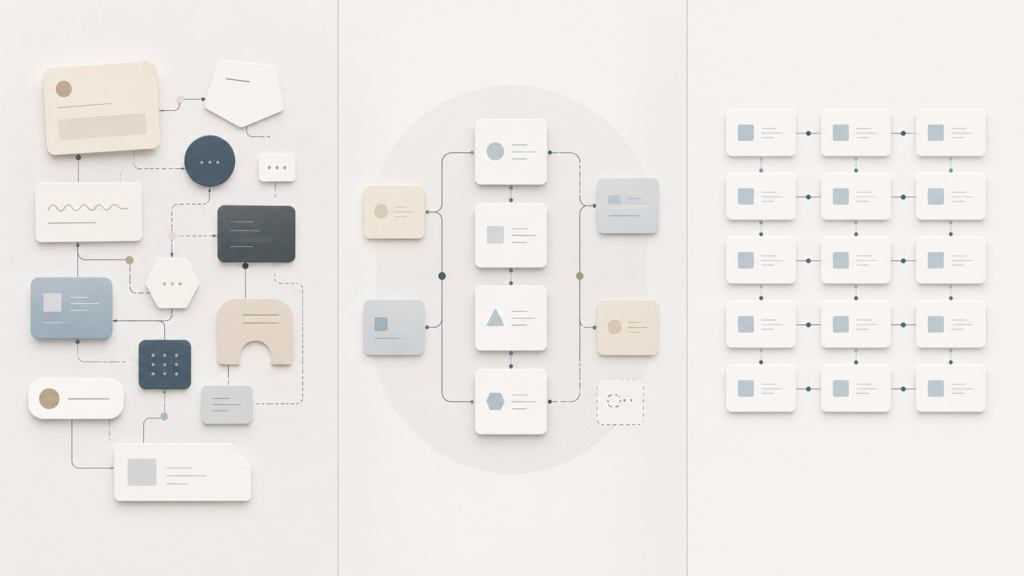 Minimal three-panel diagram comparing service delivery models: a varied custom workflow, a hybrid model with a fixed core and flexible elements, and a fully standardized productized structure.