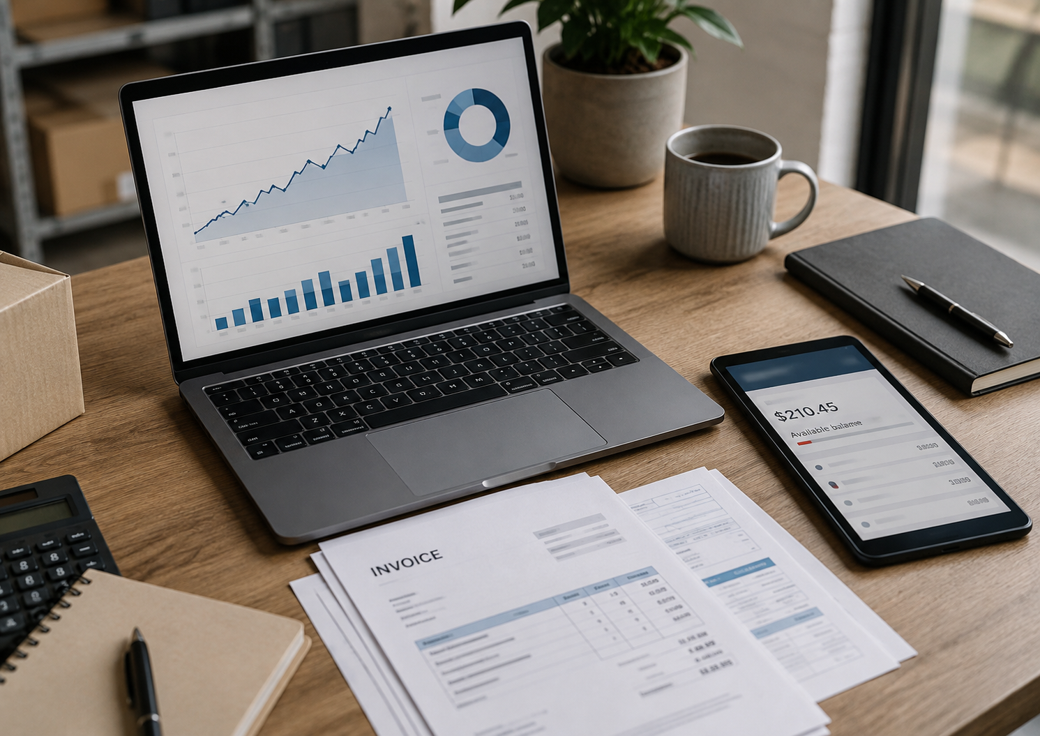 Laptop showing rising business performance charts beside a low bank balance, invoices, and financial documents, illustrating a profitable business facing a cash flow shortage.