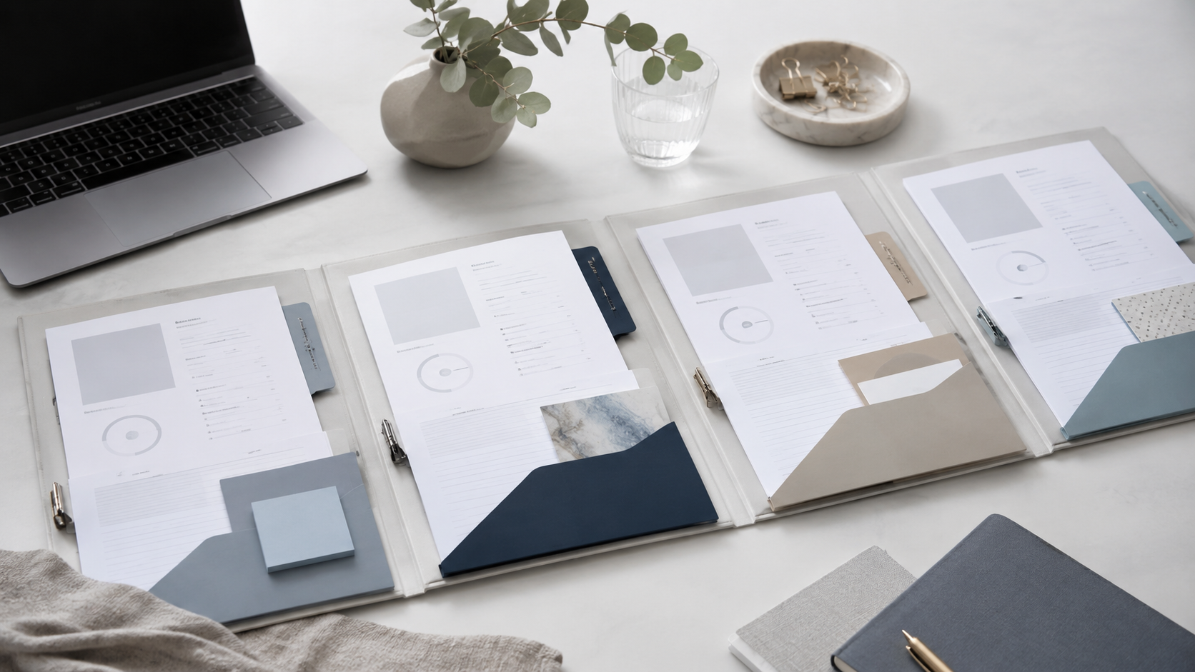 Organized service project folders with a consistent document structure and customized details, illustrating standardized processes with flexible client delivery.
