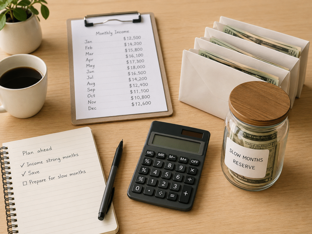 Desk setup showing a slow-month reserve plan with cash envelopes, a calculator, a monthly income sheet, and a jar labeled for savings during seasonal downturns.