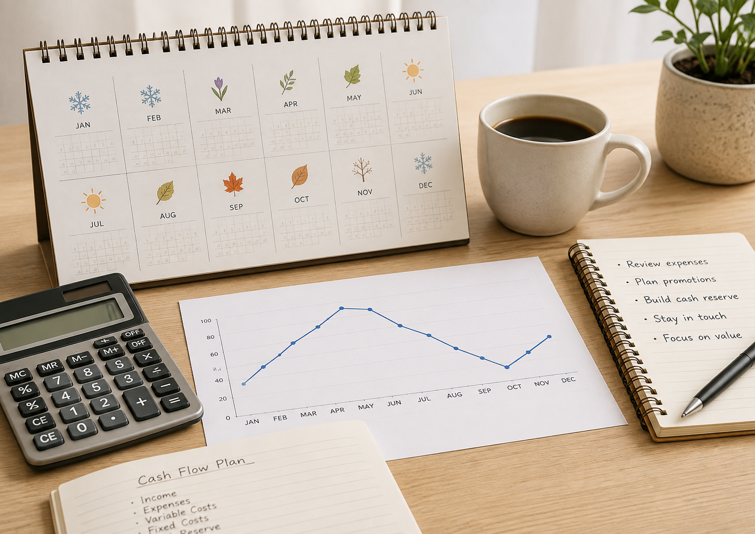 Small business owner reviewing a yearly calendar, revenue chart, and cash buffer while planning for seasonal slowdowns.