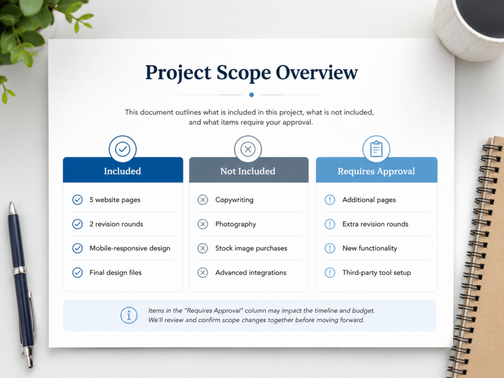 Project scope overview showing what is included, not included, and requires approval in a website design project.