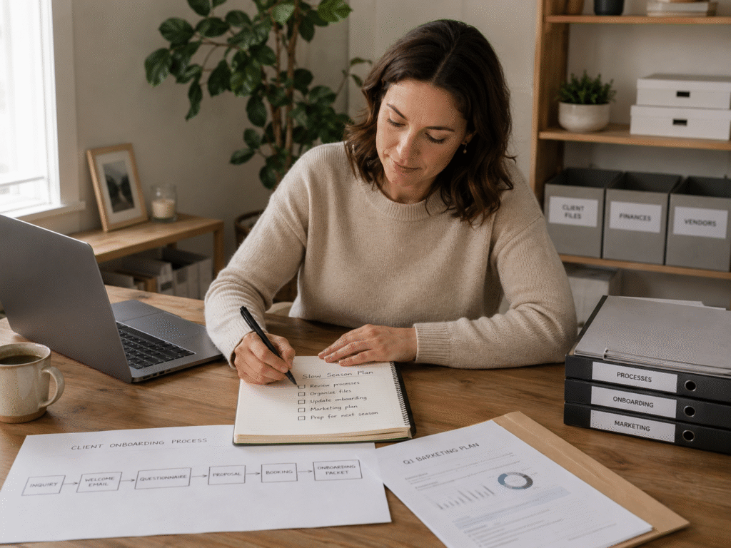 Small business owner using a quiet season to improve operations, with a slow-season checklist, client onboarding workflow, marketing plan, and organized business files on the desk.