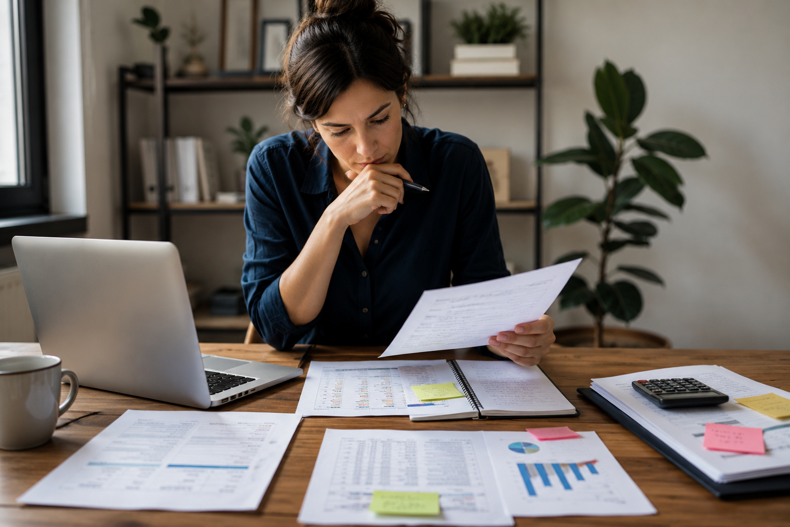 Service business owner reviewing client revenue, delivery time, costs, and workload to compare client profitability.