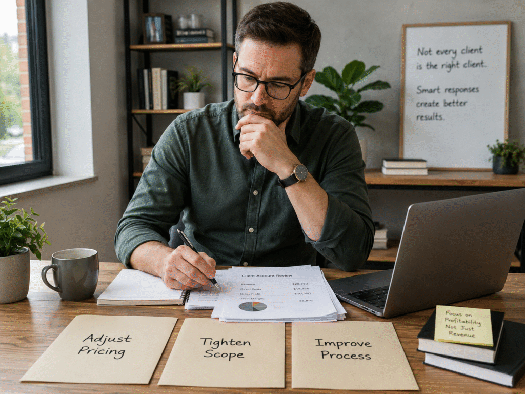 Service business owner reviewing client profitability and considering three response options: adjust pricing, tighten scope, or improve process.