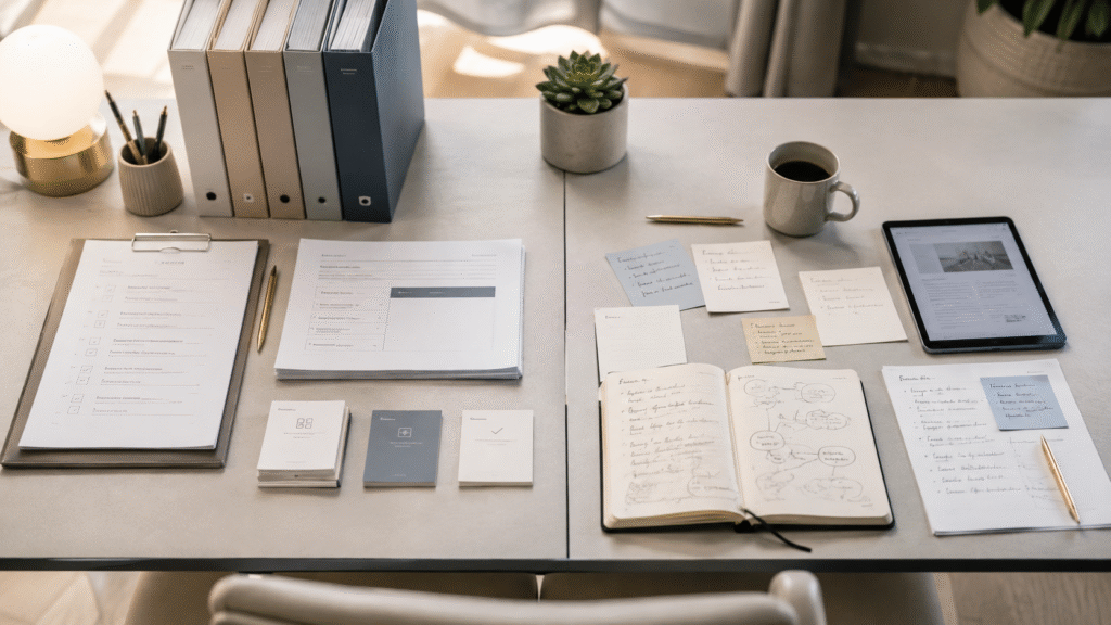 Workspace showing the balance between standardized service delivery and custom judgment, with structured templates and checklists on one side and client-specific notes and brainstorming materials on the other.